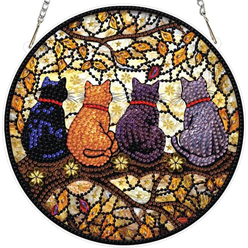 AIRDEA Glasmalerei Katzen Diamond Painting Fensterbilder, 5D Brillante Katzen auf Zweig Diamond Painting Fensterbilder Beidseitig, Bausätze für Diamantmalerei Suncatcher Erwachsene