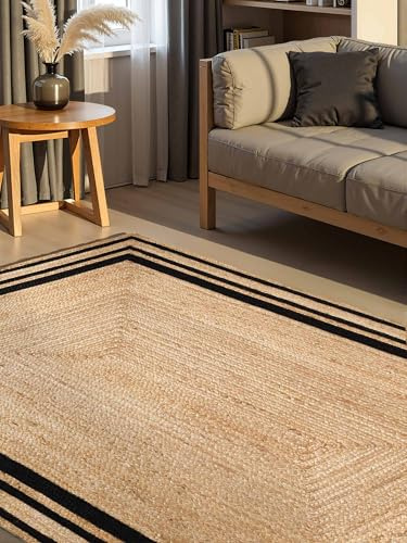 Hanse Home Looma - Jute Teppich, Natürlich & Handgemacht, Naturteppich Robust mit Bordüre, Boho Look Wohnzimmerteppich für Wohnzimmer, Schlafzimmer, Esszimmer, Flur - Natur Gold Schwarz, 120x170 cm