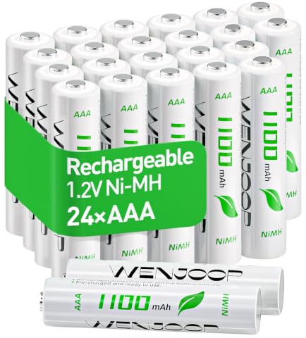 Piles Rechargeables AAA HR03 1100mAh NiMH Lot de 24 pour Jouets et Lampes | Préchargées et prêtes à l'emploi | Faible autodécharge | Jusqu'à 1200 cycles | 1,2V | Pour télécommandes, claviers et radios