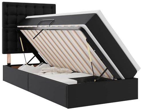 Owoxanthellate Einzelbett 90x190 Schwarz Kunstleder Metallrahmen Lift Lattenrost Matratze Topper