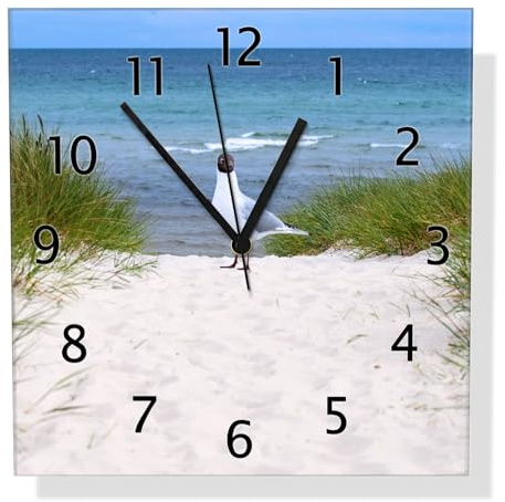 Wallario Design-Wanduhr Möwe auf der Düne aus Glas, Motiv-Uhr Größe 30 x 30 cm, Schwarze Zeiger