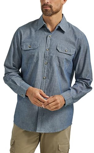 Wrangler Authentics Men's Long Sleeve Classic Woven Shirt Button, Dark Chambray, XL