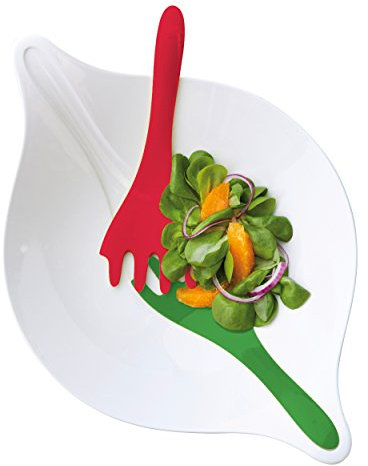 Koziol Leaf L +, Saladier avec couverts, Bol, Saladier, Bol à Salade, 3 l, blanc avec rouge/vert, 3692820