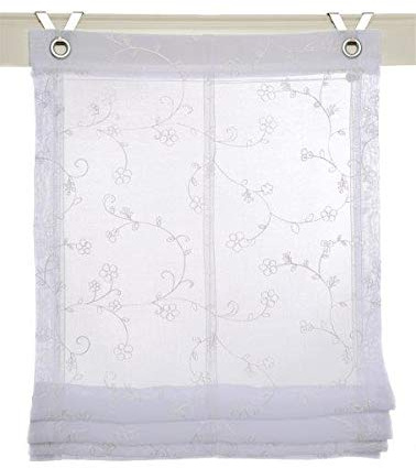 Deco4Me Raffrollo Ösenrollo Hakenrollo 80x140 weiß Rosen ohne Bohren Vorhang Gardine