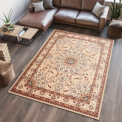 TAPISO Atlas Teppich Kurzflor Beige Creme Braun Traditionell Klassisch Orientteppich Floral Orient Mäander Wohnzimmer Schlafzimmer ÖKOTEX 130 x 190 cm