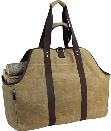 MYFIREPLACEDIRECT Waxed Canvas Log Carrier Tote Bag, Extra Large Durable Firewood Holder with Handles and Shoulder Strap, Heavy Duty Wood Carrying Bag for Fireplaces & Wood Stoves