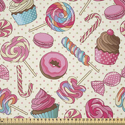 ABAKUHAUS Zuckerstange Stoff als Meterware, Leckeres Essen auf Punkte, Seidiger Satin Stoff für Polster Heimtextilien, 1M (148x100cm), Pink, Rosa und Gelb