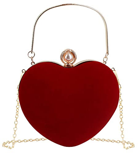 MEGAUK Herz Umhängetasche Heart-Shaped Handtasche Braut Kleid Kleine Abendtasche Elegant Schultertasche Henkel Clutch mit Zusatzkette für Prom Party Hochzeit (Rot)