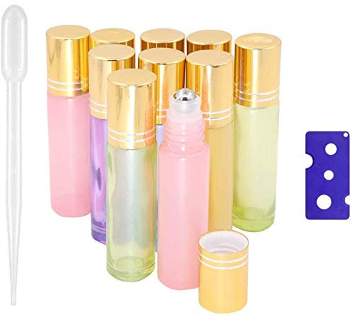10 Pack Glass Roller Bottles, 10ml Glass Refillable Bottles, Glass Roll-On Bottles with Lid Opener Pry Tool and Plastic Dropper