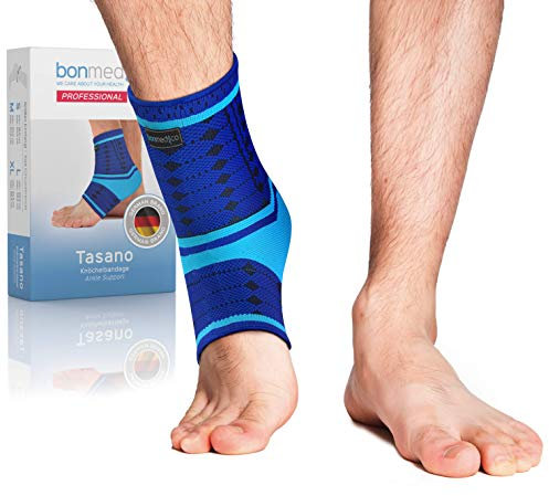 bonmedico Sprunggelenkbandage - Rutschfeste Knöchelbandage Sprunggelenk für Damen & Herren - Stützende Bandage für Fußgelenk, Achillessehne - Wellness Geschenke - 1 Fußbandage (Blau, S)