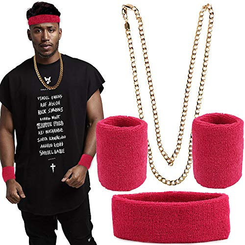 FLOFIA Neon Schweißbänder Set Rapper Kette Gold Gangster Kette Goldkette Hiphop Gangster Schmuck Panzerkette 80er 90er Jahre Fasching Karneval Kostüm Party Accessoire für Damen und Herren