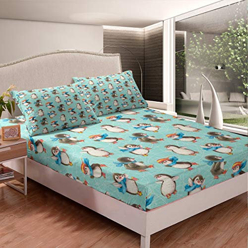 Tbrand Karikatur Pinguin Bettlaken Set Niedlich Lustig Tier Gedruckt Spannbetttuch Dekorativ Schöne Polartier Spannbettlaken 160x200cm Grüne Streifen Linien rutschfeste 2St