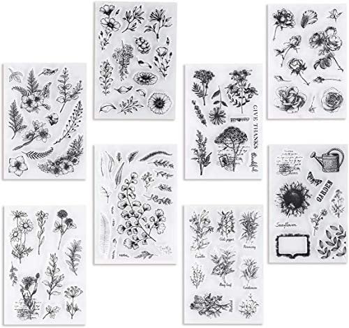 UCEC 8 Stück Silikonstempel, Stempel-Set Vintage Pflanzen und Blumen Silikonstempel, Small Clear Stamps für die Kartenherstellung Dekoration und DIY Scrapbooking