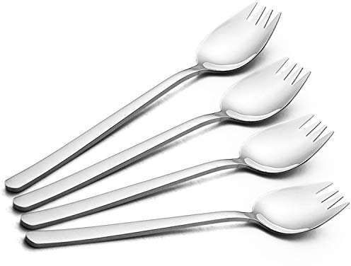 YFWOOD Sporks, 4-pack 18/10 Stainless Steel Dessert Spoons 7.4Inches Long Handle Ice Cream Spoons Salad Forks Flatware Set Reusable Fruit Appetizer Dessert Forks for Household Use or Camping