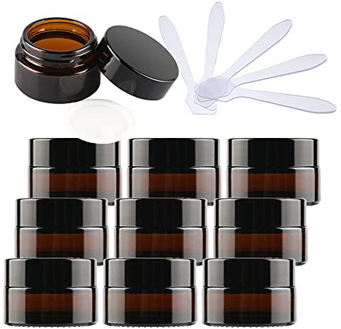 ZEOABSY 12 Piezas Tarros de Vidrio Marrón con Tapa 15ml, Tarro de Cristal Verde Vacíos Redondo, Frasco De Crema Facial Contenedor De Cosméticos para Cremas con 12 Espátula
