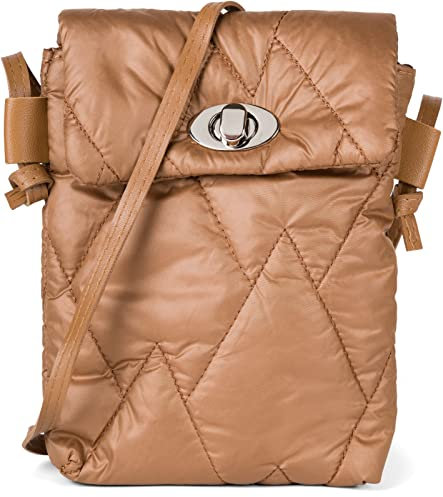 styleBREAKER Damen Mini Bag Umhängetasche mit Rauten Steppmuster, Drehverschluss, Stepptasche, Einfarbig gesteppt 02012377, Farbe:Cognac