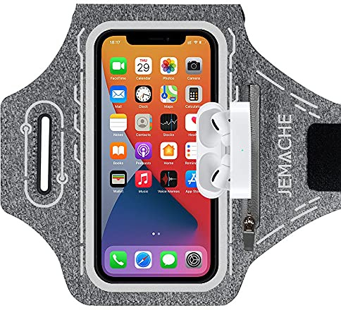 JEMACHE Running Cell Phone Armband for iPhone 16 Pro Max, 15/14/13/12/11 Pro Max, 16/15/14 Plus, Gym Workouts Arm Band with Airpods Holder (Grey)