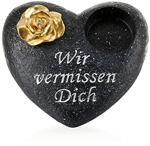 com-four® Grab-Dekoration in Herz-Form mit goldfarbener Rose - Gedenkstein mit Halter für Grabkerze - wetterfester Grabschmuck - Trauerstein mit Gedenkspruch