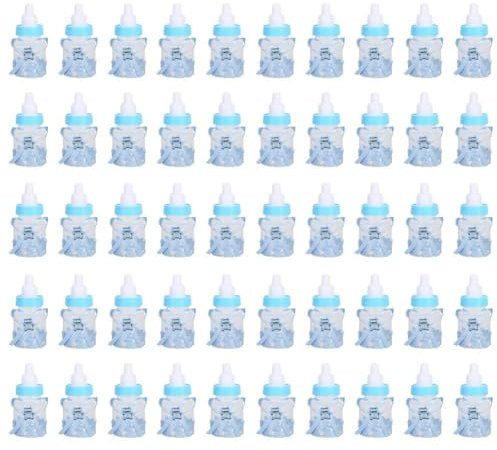 50 Stück Feeder Style Süßigkeiten Flasche für Baby Shower, Mini Party Favors Fillable Candy Gift Box für Boy Girl Newborn Infant Baptist Taufe Geburtstagsparty Dekoration(Blau)