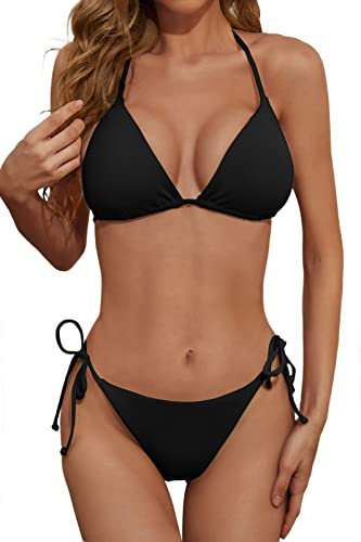 Zuvebamyo Damen Zweiteiliges Bikini Badeanzug Set – Sexy RIPP-Optik Triangle Top, Badeanzüge mit Bindebändern, Cheeky Bikini Sets, Schwarz, S