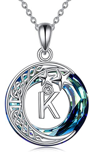 Mond Stern Kette Geschenke für Damen 925 Sterling Silber Sichel Mond Anfangsbuchstabe K Anhänger Kette Kreis Blau Kristall Schmuck Weihnachten Geburtstag Geschenke für Ihre Mutter Damen