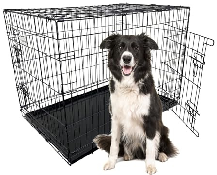 HugglePets Silver Metal Dog Puppy Cage Foldable X-Large 109cm Dual Door with Locks, Car Home and Travel Crate