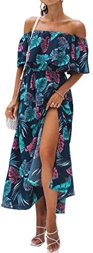 CUPSHE Dress for Women Summer A Shape Dresses Off Shoulder Sleeve Maxi Length Ruffle Fitted Waisted Tropical Printed Blue M