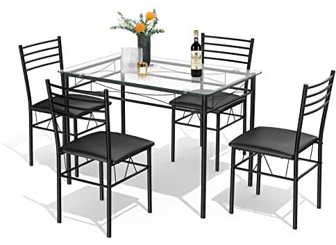 COSTWAY Ensemble Table et 4 Chaises, Table à Manger en Verre avec 4 Chaises Rembourrées, Cadre en Métal, Noir, pour Salle à Manger, Cuisine, Restaurant, Salon
