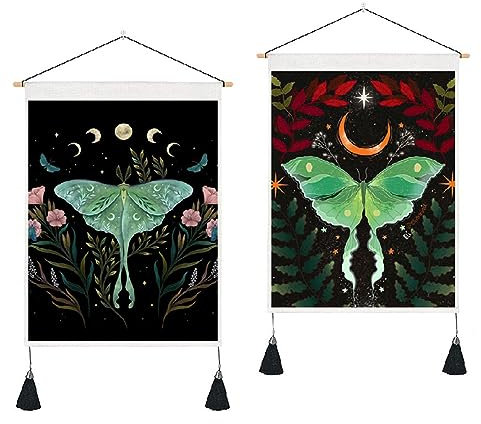 VIONNPPT 2 Stück Tarot Wandteppich mit Quasten, Mond und Sonne Schmetterling Wandbehang, Abstrakte Garten Blumen Wandtuch für Schlafzimmer Wohnzimmer (Grün+Schwarz)