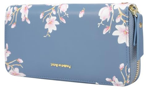 Pomelo Best Geldbörse Damen groß im Langformat Blumen Prägung Reißverschluss Portemonnaie mit RFID-Blockierung und vielen Fächern (Hellblau)