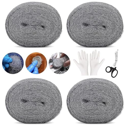 Hengrongshen Lana de Acero, 4 Piezas en Total 20M Lana de Acero 0000 Trae Tijeras y Guantes Blancos, Steel wool Mantenga las Ratas Alejadas de Jardines, Casas y Conductos de Aire
