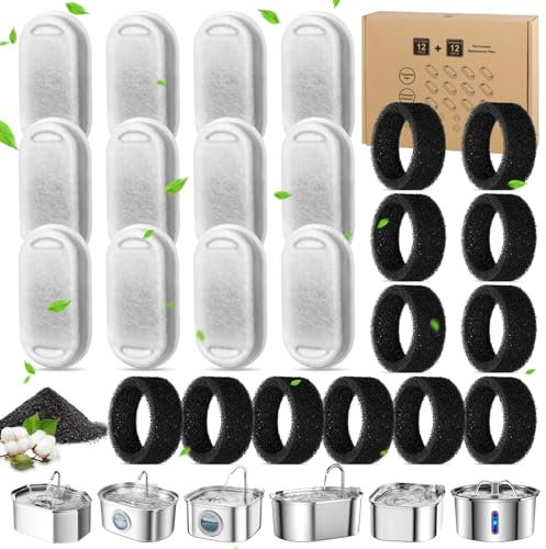 JAMATA Filtri per Fontanella Gatti in Acciaio Inox-12 Carbone Attivo+12 Spugne,Sistema di Filtrazione Tripla per Acqua Pura,Ideale per 3.2L/2L,Previene Malattie Urinarie e Mantiene l'Acqua Fres