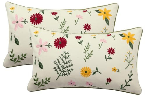 Tosleo 2 Stück Kissenhülle Bestickte dekorative Wurfkissenbezüge 30x50cm Kissenbezüge für Gartenlounge Sofa Dekokissen Wohnzimmer Schlafzimmer Blumenmuster