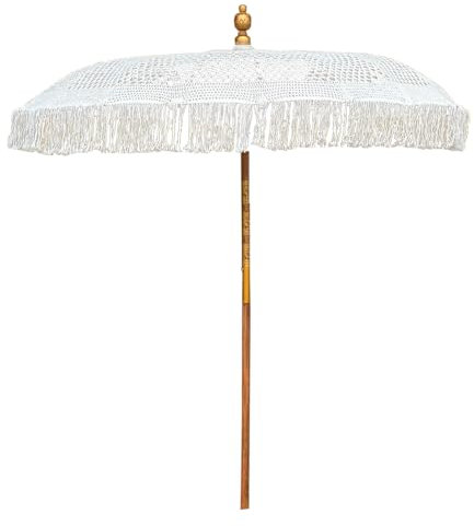 EME Sombrilla Balinesa Macramé de 200cm fabricada a mano con Poste de madera tallado y Dosel de Macramé en color Crema. Ideal para terrazas, Restaurantes y Patios.
