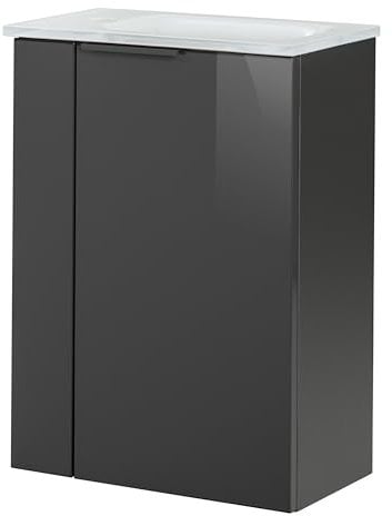 FACKELMANN Luna Gäste-WC Set 2 Teile – Waschtischunterschrank in Anthrazit mit Waschbecken aus Glas in Anthrazit – SBC Waschbeckenunterschrank schmal – Türanschlag rechts – 45 cm breit
