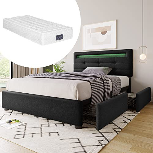 Polsterbett 90x200, LED Einzelbett mit 2 Schubladen und verstellbarem Kopfteil, Bett Jugendbett Stauraumbett Funktionsbett Rückenlehne Bettgestell mit Holz Lattenrost, Leinen, Schwarz, Mit Matratze