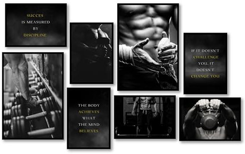 MJ-GRAPHICS® - Bilder Fitness, Wandbilder Gym, Wandbild Fitnessstudio 2xA3 6xA4 Bodybuilder Poster Trainingswand Bilder Motivation, Trainingsposter Fitnessstudios Homegym Trainingsraum ohne Rahmen