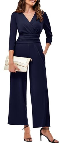 JASAMBAC Womens Rompers Wide Leg Elegant Festival Outfit Evening Jumpsuit 3/4 Length Sleeves Wedding Guest Outfits One Piece Ruched Wrap V Neck&High Waist Party Jumpsuits
