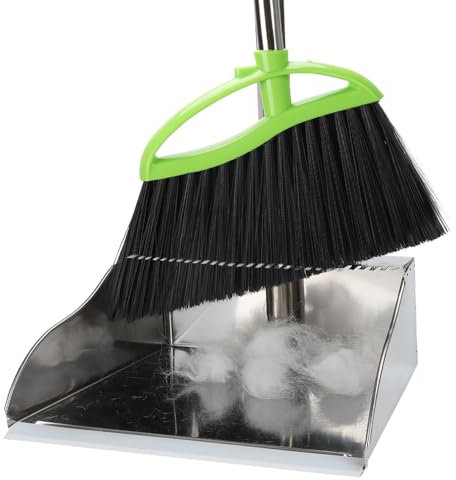 Metal Dustpan with Soft Bristles Indoor Broom, Green Angle Broom with Stand Up Dustpan for Hardwood Kitchen Floor Sweeping Indoor