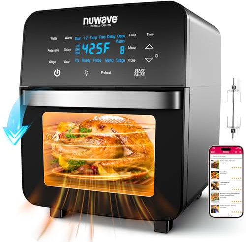 Nuwave Brio - Friggitrice ad aria per forno spiedo da 15,5 quarti, grill ultra antiaderente ultimo intervento di PFAS, dimensione familiare XL, potente controllo della temperatura 1800 W,
