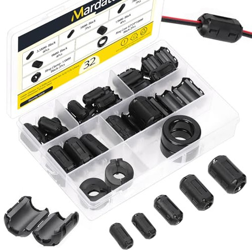 Mardatt 32Pcs 7 Sizes Clip-on Ferrite Ring Core RFI EMI Noise Suppressor Cable Clip with Toroid Cores for 3.5mm/ 5mm/ 7mm/ 9mm/ 13mm/ 15mm/ 24mm Diameter Cable, Black