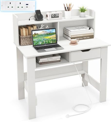 COSTWAY Computer Desk, Modern Writing Workstation PC Laptop Table with Hutch, Storage Shelf, Drawer, Power Outlets and USB Port & Type-C, Home Office Work Study Desk