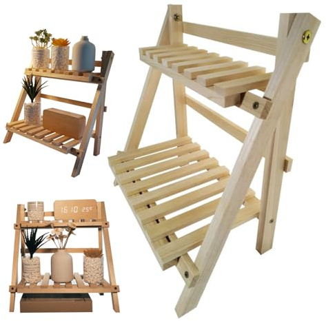 2 Stufe Holzleiterregal für Tischregaleinheit 34x18x35 cm faltbar stehend stehende einfache Style Trapezoidalblumenleiter Ständer für Garten Wohnzimmer Schlafzimmer Freistehende Tabletop Regal