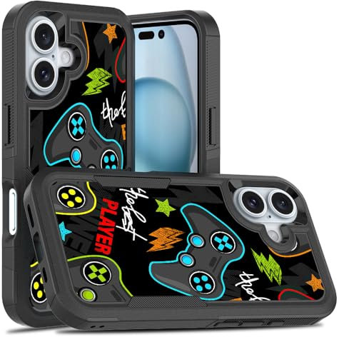 Candykisscase Case for iPhone 16, Gaming Controller Best Player Pattern Shock-Absorption Hard PC and Inner Silicone Hybrid Dual Layer Armor Defender Case for iPhone 16