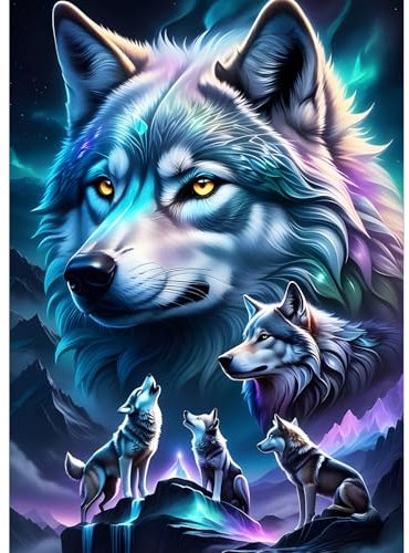 QQYRHN Wolf Diamond Painting Kits for Beginners Adults,5D Dreamland Diamond Art Kits, DIY Fantasy Round Full Drill Diamond Dots Diamond Gem Art with Painting Kits for Home Wall Decor 12x16 Inch