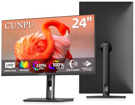 CUNPU - 24 4K Computer Monitor, UHD (3840x2160), IPS Panel for Photo and Video Editing, ΔE < 2, 185PPI, DCI-P3 100%, 1.07B+ Colors, HDR10, VESA, Height Adjustable, Vertical