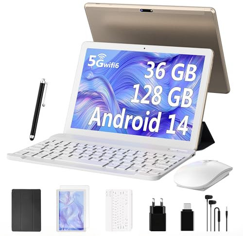 LEVIRTU 10 Pollici Android 14 Tablet in Offerta Octa-Core 2.0 GHz, 5GWiFi 6, 36GB RAM+128GB ROM(TF 1TB), 8000mAh, Dual Camera, Bluetooth 5.0, Tablet con Tastiera,Penna,Mouse-Oro
