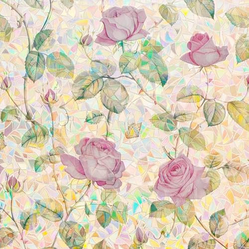 No Glue Window Film Pink Rose Rainbow Clings 3D Stained Glass Door Tint Covering Reusble Static Cling Decal for Home and Office,17.5 inches by 78.7 inches