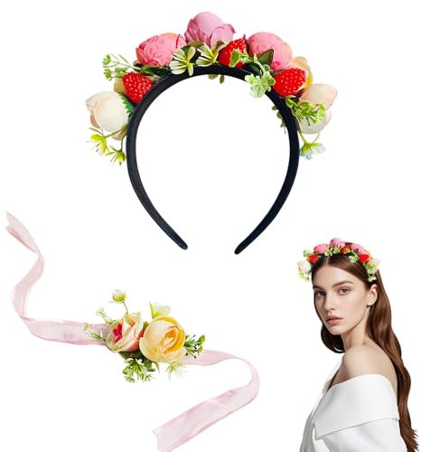 HIQE-FL Haarreif Dirndl Blumen,Haarkranz Blumenstirnband Damen,Blume Krone,Haar Garland,Haarreif mit Blumen und Waldbeere Haarband,Party Haare,Haarband Blumen Hochzeit