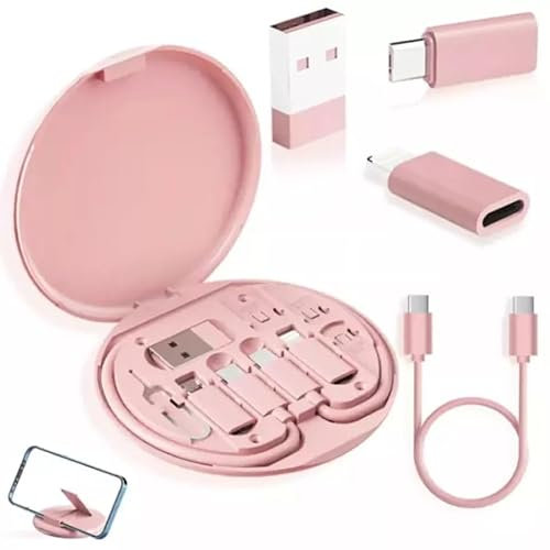 Dr.Tech Multifunctional Data Cable Storage Box with USB C, Micro USB, Type-C Adapters, SIM Card Slots & Phone Stand – Portable Charging & Data Transfer Kit for iPhone 15, iPad, Android (Pink)